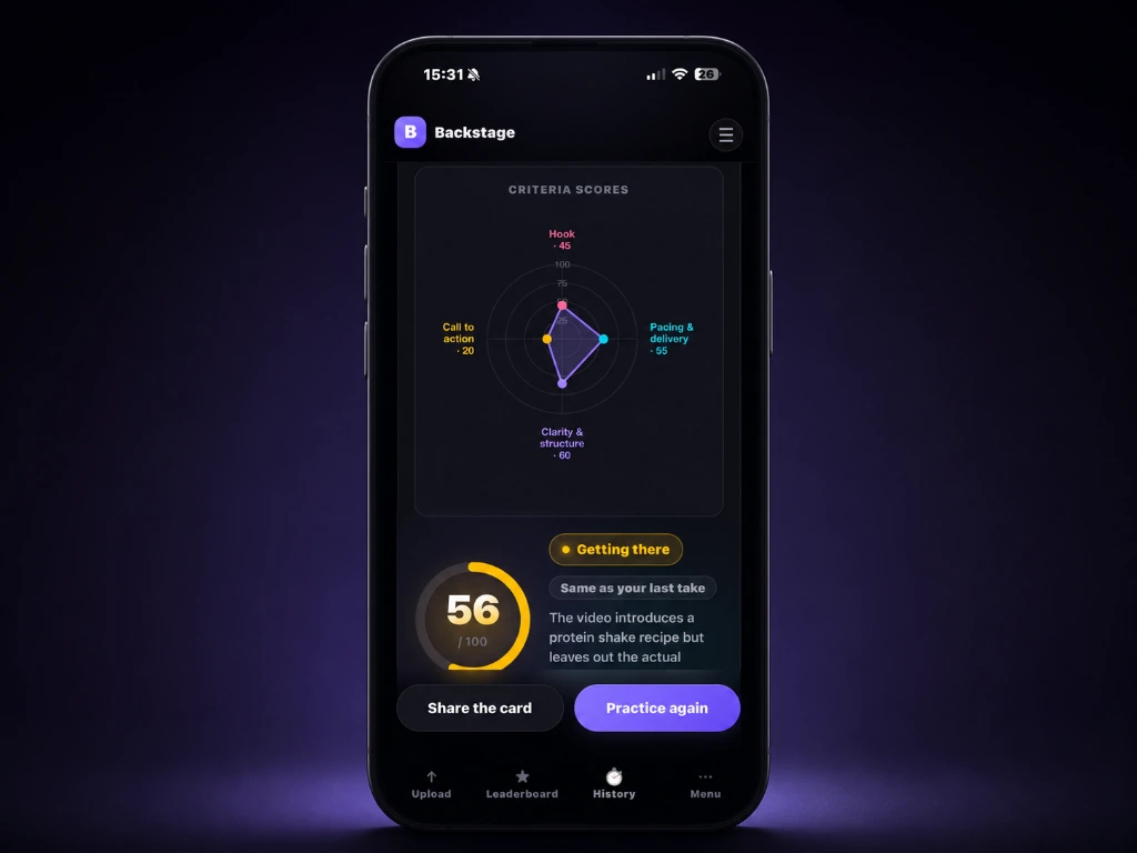 Backstage custom web application with AI video feedback